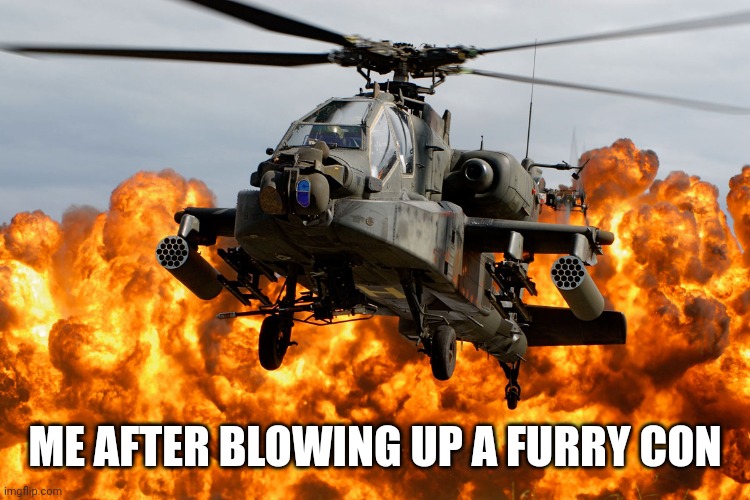 boom goes the furries |  ME AFTER BLOWING UP A FURRY CON | image tagged in apache_helicopter,explosion,murder,anti furry | made w/ Imgflip meme maker