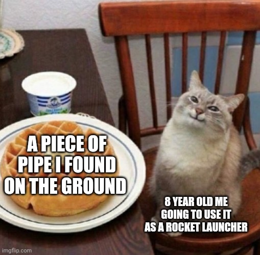 Cat likes their waffle | A PIECE OF PIPE I FOUND ON THE GROUND; 8 YEAR OLD ME GOING TO USE IT AS A ROCKET LAUNCHER | image tagged in cat likes their waffle | made w/ Imgflip meme maker