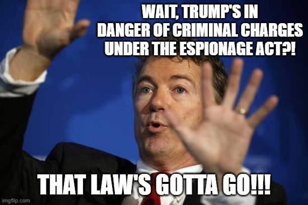Rand Paul, integram hypocritam | WAIT, TRUMP'S IN DANGER OF CRIMINAL CHARGES UNDER THE ESPIONAGE ACT?! THAT LAW'S GOTTA GO!!! | image tagged in rand paul whoa | made w/ Imgflip meme maker