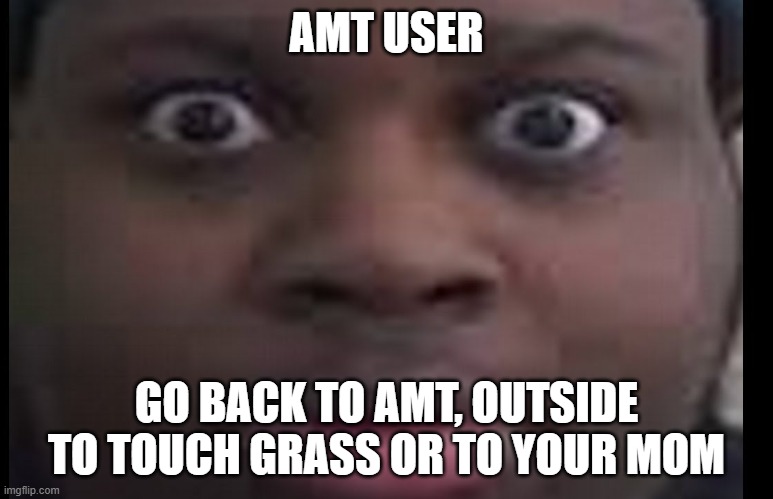 edp stare | AMT USER GO BACK TO AMT, OUTSIDE TO TOUCH GRASS OR TO YOUR MOM | image tagged in edp stare | made w/ Imgflip meme maker