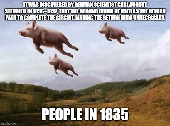 when was ground invented | IT WAS DISCOVERED BY GERMAN SCIENTIST CARL AUGUST STEINHEIL IN 1836–1837, THAT THE GROUND COULD BE USED AS THE RETURN PATH TO COMPLETE THE CIRCUIT, MAKING THE RETURN WIRE UNNECESSARY. PEOPLE IN 1835 | image tagged in pigs fly | made w/ Imgflip meme maker
