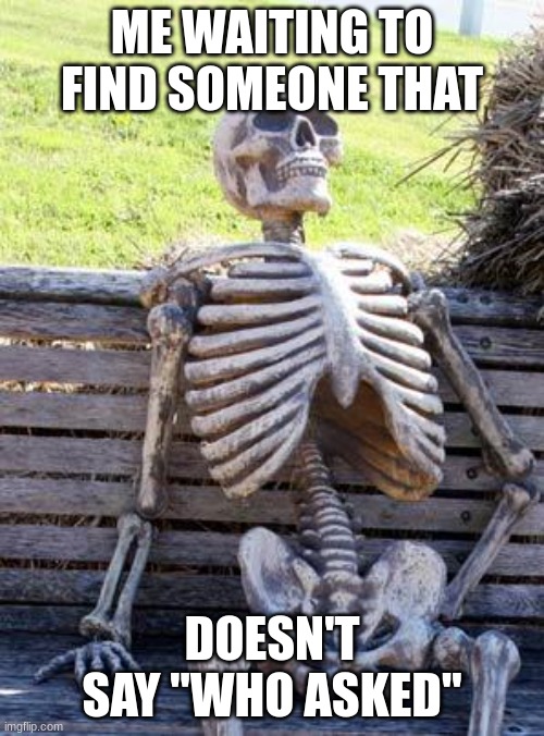 I am ded |  ME WAITING TO FIND SOMEONE THAT; DOESN'T SAY "WHO ASKED" | image tagged in memes,waiting skeleton | made w/ Imgflip meme maker
