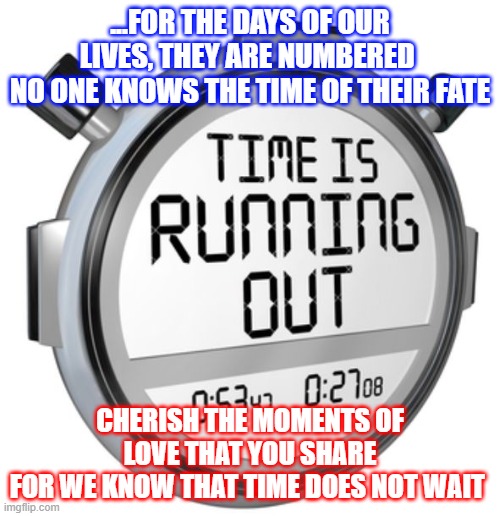 Cherish your time | ...FOR THE DAYS OF OUR LIVES, THEY ARE NUMBERED 
NO ONE KNOWS THE TIME OF THEIR FATE; CHERISH THE MOMENTS OF LOVE THAT YOU SHARE
FOR WE KNOW THAT TIME DOES NOT WAIT | image tagged in running out of time | made w/ Imgflip meme maker