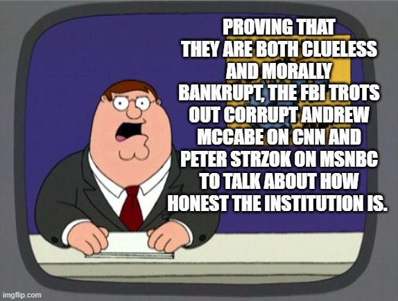 So blatantly 'in your face America' that even the Mainstream Media should have picked up on this one. | PROVING THAT THEY ARE BOTH CLUELESS AND MORALLY BANKRUPT, THE FBI TROTS OUT CORRUPT ANDREW MCCABE ON CNN AND PETER STRZOK ON MSNBC TO TALK ABOUT HOW HONEST THE INSTITUTION IS. | image tagged in peter griffin news | made w/ Imgflip meme maker