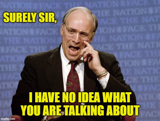 Dick Cheney  | SURELY SIR, I HAVE NO IDEA WHAT YOU ARE TALKING ABOUT | image tagged in dick cheney | made w/ Imgflip meme maker