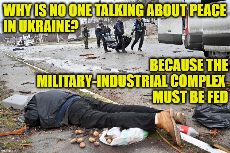 Feed me! |  WHY IS NO ONE TALKING ABOUT PEACE
IN UKRAINE? BECAUSE THE
MILITARY-INDUSTRIAL COMPLEX 
MUST BE FED | image tagged in ukraine | made w/ Imgflip meme maker
