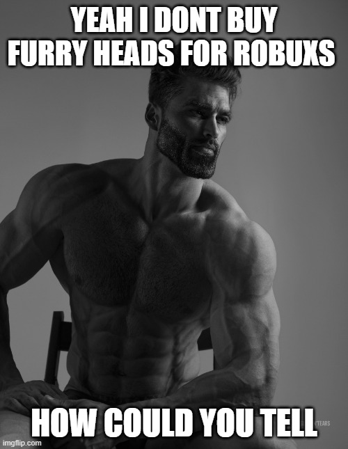 Giga Chad | YEAH I DONT BUY FURRY HEADS FOR ROBUXS; HOW COULD YOU TELL | image tagged in giga chad | made w/ Imgflip meme maker