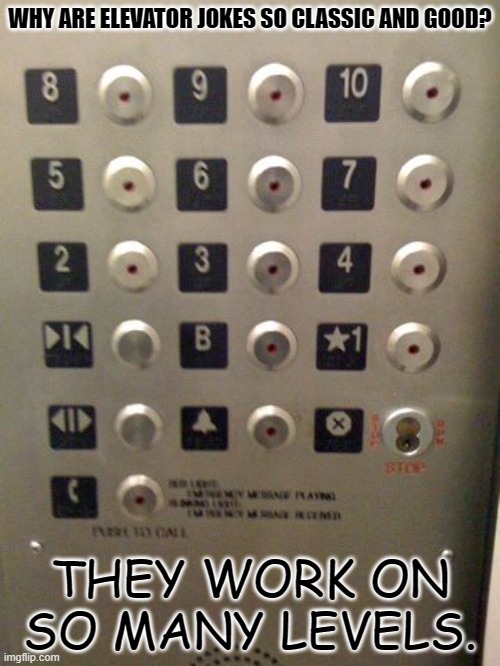 Daily Bad Dad Joke 08/16/2022 | WHY ARE ELEVATOR JOKES SO CLASSIC AND GOOD? THEY WORK ON SO MANY LEVELS. | image tagged in elevator buttons | made w/ Imgflip meme maker