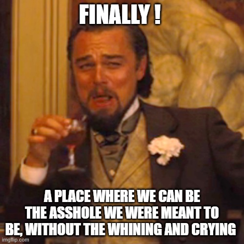 Laughing Leo | FINALLY ! A PLACE WHERE WE CAN BE THE ASSHOLE WE WERE MEANT TO BE, WITHOUT THE WHINING AND CRYING | image tagged in memes,laughing leo | made w/ Imgflip meme maker