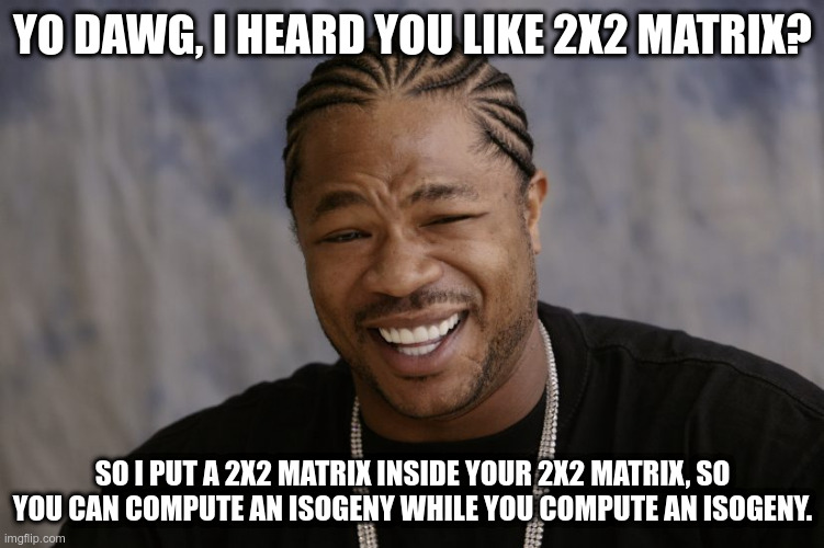 yo dawg i heard you like | YO DAWG, I HEARD YOU LIKE 2X2 MATRIX? SO I PUT A 2X2 MATRIX INSIDE YOUR 2X2 MATRIX, SO YOU CAN COMPUTE AN ISOGENY WHILE YOU COMPUTE AN ISOGENY. | image tagged in yo dawg i heard you like | made w/ Imgflip meme maker