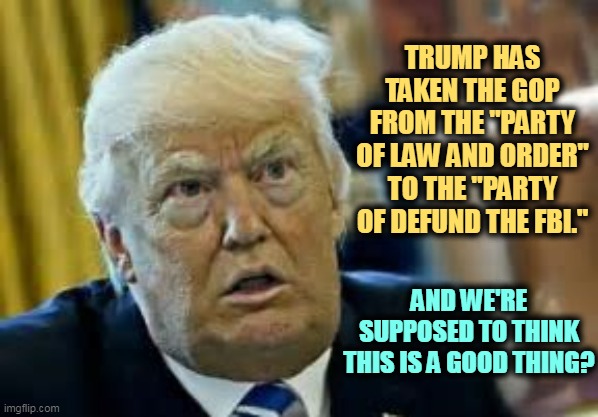 Drug damage. | TRUMP HAS TAKEN THE GOP FROM THE "PARTY OF LAW AND ORDER" TO THE "PARTY OF DEFUND THE FBI."; AND WE'RE SUPPOSED TO THINK THIS IS A GOOD THING? | image tagged in trump dilated loser,trump,wannabe,dictator,bananas,fbi | made w/ Imgflip meme maker