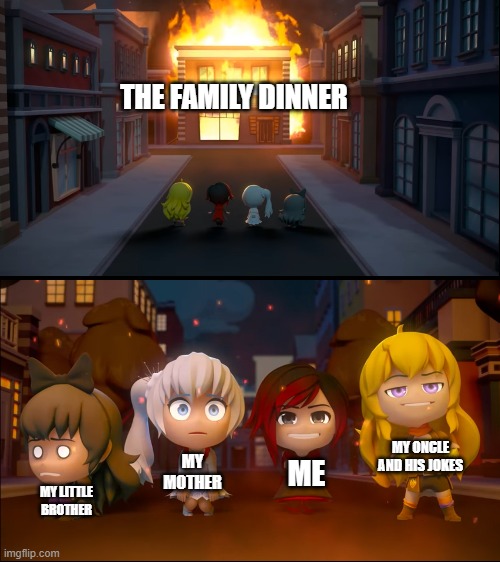 family meetings in a nutshell | THE FAMILY DINNER; MY ONCLE AND HIS JOKES; MY MOTHER; ME; MY LITTLE BROTHER | image tagged in family | made w/ Imgflip meme maker