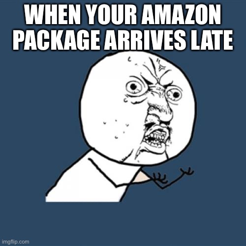 Y U No | WHEN YOUR AMAZON PACKAGE ARRIVES LATE | image tagged in memes,y u no | made w/ Imgflip meme maker