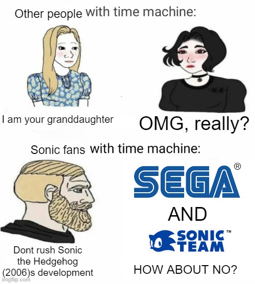 Sonic 06 is bound to be messed up by SEGA | Other people; I am your granddaughter; OMG, really? Sonic fans; AND; Dont rush Sonic the Hedgehog (2006)s development; HOW ABOUT NO? | image tagged in time machine | made w/ Imgflip meme maker