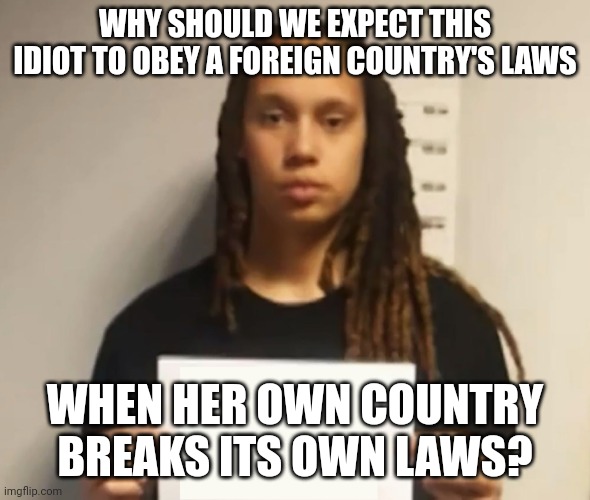 It's like an abusive father beating his son. Chances are the son will grow up abusive as well. | WHY SHOULD WE EXPECT THIS IDIOT TO OBEY A FOREIGN COUNTRY'S LAWS; WHEN HER OWN COUNTRY BREAKS ITS OWN LAWS? | image tagged in brittney griner | made w/ Imgflip meme maker