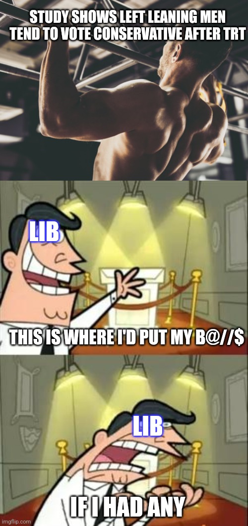 STUDY SHOWS LEFT LEANING MEN TEND TO VOTE CONSERVATIVE AFTER TRT; LIB; THIS IS WHERE I'D PUT MY B@//$; LIB; IF I HAD ANY | image tagged in memes,this is where i'd put my trophy if i had one | made w/ Imgflip meme maker