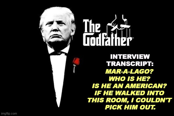 Trump Mafia crime boss Godfather | INTERVIEW TRANSCRIPT:; MAR-A-LAGO? 
WHO IS HE? 
IS HE AN AMERICAN? 
IF HE WALKED INTO 
THIS ROOM, I COULDN'T 
PICK HIM OUT. | image tagged in trump mafia crime boss godfather,trump,mafia don,liar,criminal | made w/ Imgflip meme maker