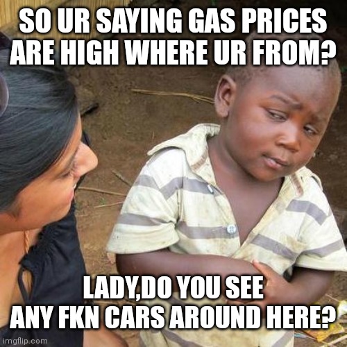 Third World Skeptical Kid |  SO UR SAYING GAS PRICES ARE HIGH WHERE UR FROM? LADY,DO YOU SEE ANY FKN CARS AROUND HERE? | image tagged in memes,third world skeptical kid | made w/ Imgflip meme maker