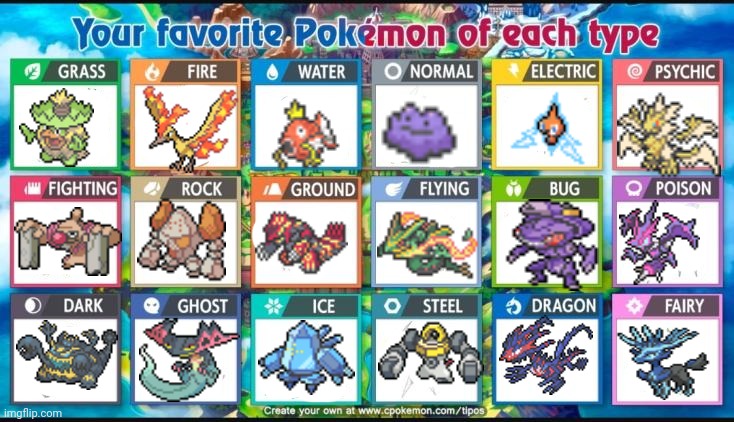 This took way too long | image tagged in favorite pokemon of each type,pokemon,pokemon memes | made w/ Imgflip meme maker