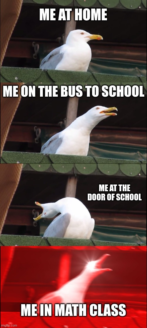 1st day of school |  ME AT HOME; ME ON THE BUS TO SCHOOL; ME AT THE DOOR OF SCHOOL; ME IN MATH CLASS | image tagged in memes,inhaling seagull | made w/ Imgflip meme maker