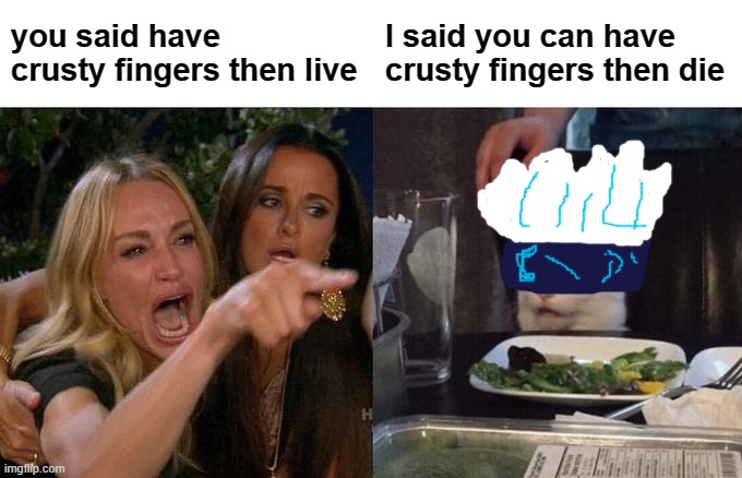 whyyyyyyyyyyyyyyyyyyyyyyyyyyyyyyyyyyyyyyyyyyyyyyyyyy!!!!!!!!!!?!?!?!?!?!?!?!?!?!?!??!?!?! | you said have crusty fingers then live; I said you can have crusty fingers then die | image tagged in memes,woman yelling at cat | made w/ Imgflip meme maker