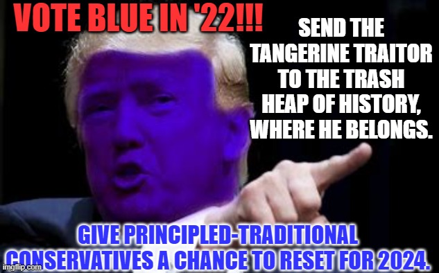 Or continue down the road to eventual irrelevance. | VOTE BLUE IN '22!!! SEND THE TANGERINE TRAITOR TO THE TRASH HEAP OF HISTORY, WHERE HE BELONGS. GIVE PRINCIPLED-TRADITIONAL CONSERVATIVES A CHANCE TO RESET FOR 2024. | image tagged in politics | made w/ Imgflip meme maker