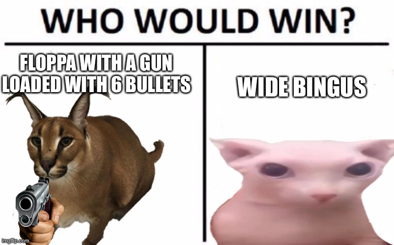 who would win | FLOPPA WITH A GUN LOADED WITH 6 BULLETS; WIDE BINGUS | image tagged in floppa,bingus | made w/ Imgflip meme maker