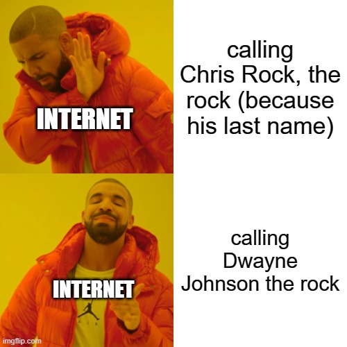 Drake Hotline Bling | calling Chris Rock, the rock (because his last name); INTERNET; calling Dwayne Johnson the rock; INTERNET | image tagged in memes,drake hotline bling | made w/ Imgflip meme maker