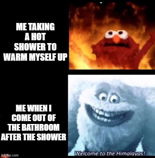 I bet this one was done already | ME TAKING A HOT SHOWER TO WARM MYSELF UP; ME WHEN I COME OUT OF THE BATHROOM AFTER THE SHOWER | image tagged in hot and cold | made w/ Imgflip meme maker