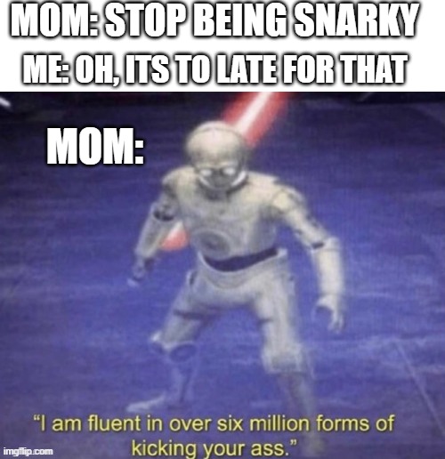 i said this one to my mother... how am i still alive?? | MOM: STOP BEING SNARKY; ME: OH, ITS TO LATE FOR THAT; MOM: | image tagged in c-3po | made w/ Imgflip meme maker