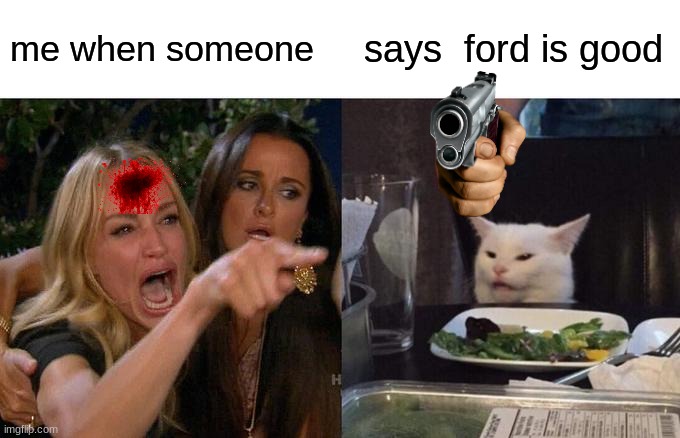 Woman Yelling At Cat | me when someone; says  ford is good | image tagged in memes,woman yelling at cat | made w/ Imgflip meme maker