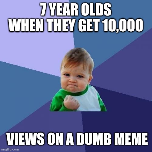It's true though | 7 YEAR OLDS WHEN THEY GET 10,000; VIEWS ON A DUMB MEME | image tagged in memes,success kid | made w/ Imgflip meme maker