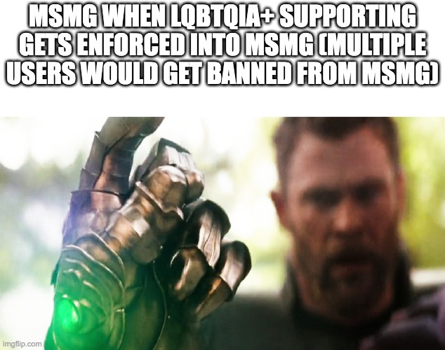 Thanos Snap | MSMG WHEN LQBTQIA+ SUPPORTING GETS ENFORCED INTO MSMG (MULTIPLE USERS WOULD GET BANNED FROM MSMG) | image tagged in thanos snap | made w/ Imgflip meme maker