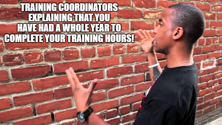 Talking to wall | TRAINING COORDINATORS EXPLAINING THAT YOU HAVE HAD A WHOLE YEAR TO COMPLETE YOUR TRAINING HOURS! | image tagged in talking to wall | made w/ Imgflip meme maker