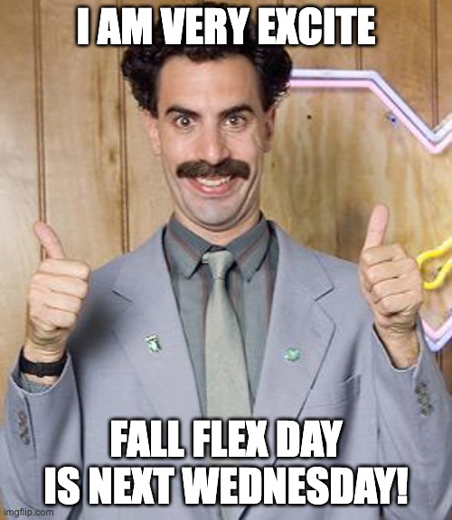 Fall Flex | I AM VERY EXCITE; FALL FLEX DAY IS NEXT WEDNESDAY! | image tagged in borat | made w/ Imgflip meme maker