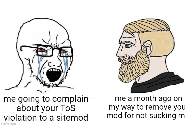 . | me a month ago on my way to remove your mod for not sucking my; me going to complain about your ToS violation to a sitemod | image tagged in soyboy vs yes chad | made w/ Imgflip meme maker