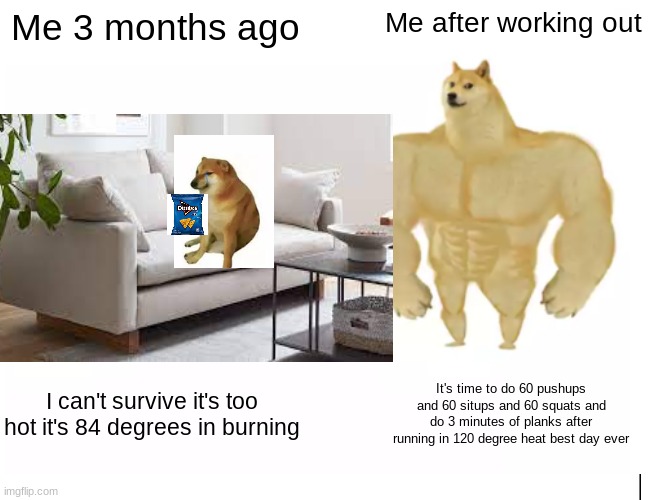 Me 3 months ago; Me after working out; I can't survive it's too hot it's 84 degrees in burning; It's time to do 60 pushups and 60 situps and 60 squats and do 3 minutes of planks after running in 120 degree heat best day ever | image tagged in mememem | made w/ Imgflip meme maker