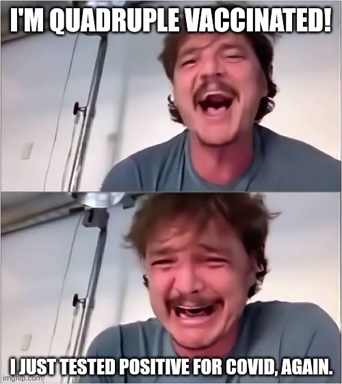 The more boosters you get, the more you get covid. | I'M QUADRUPLE VACCINATED! I JUST TESTED POSITIVE FOR COVID, AGAIN. | image tagged in pedro pascal | made w/ Imgflip meme maker