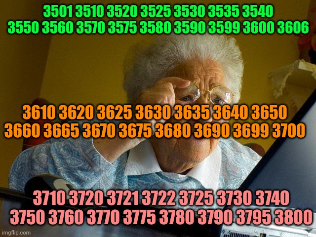 NUMBERS 0- NEVER END PART 32 | 3501 3510 3520 3525 3530 3535 3540 3550 3560 3570 3575 3580 3590 3599 3600 3606; 3610 3620 3625 3630 3635 3640 3650 3660 3665 3670 3675 3680 3690 3699 3700; 3710 3720 3721 3722 3725 3730 3740 3750 3760 3770 3775 3780 3790 3795 3800 | image tagged in memes,grandma finds the internet | made w/ Imgflip meme maker