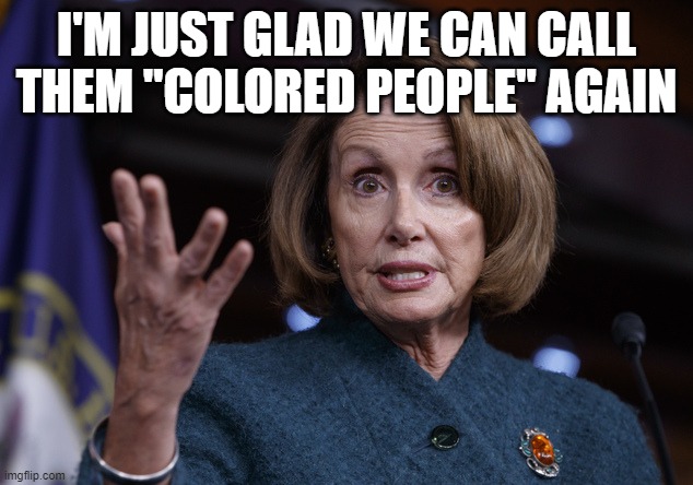 Good old Nancy Pelosi | I'M JUST GLAD WE CAN CALL THEM "COLORED PEOPLE" AGAIN | image tagged in good old nancy pelosi | made w/ Imgflip meme maker