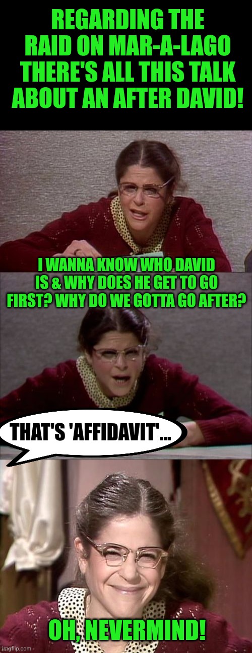 A blast from the past. | REGARDING THE RAID ON MAR-A-LAGO THERE'S ALL THIS TALK ABOUT AN AFTER DAVID! I WANNA KNOW WHO DAVID IS & WHY DOES HE GET TO GO FIRST? WHY DO WE GOTTA GO AFTER? THAT'S 'AFFIDAVIT'... OH, NEVERMIND! | image tagged in donald trump,emily litella,snl | made w/ Imgflip meme maker