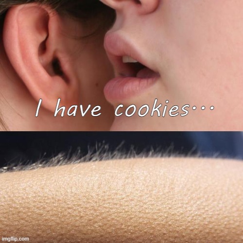 I have cookies | I have cookies... | image tagged in whisper and goosebumps | made w/ Imgflip meme maker