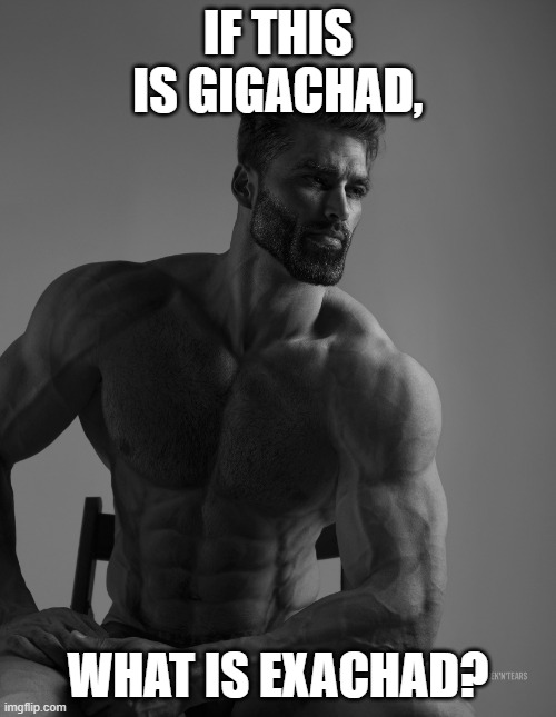 giga is ^9, exa is ^18 | IF THIS IS GIGACHAD, WHAT IS EXACHAD? | image tagged in giga chad | made w/ Imgflip meme maker