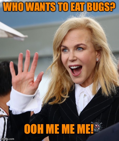 Bet she doesn’t eat them daily, just wants you to | WHO WANTS TO EAT BUGS? OOH ME ME ME! | image tagged in nicole kidman say hello,nutjob leftists,let them eat bugs,kill the cows,f the bug eaters | made w/ Imgflip meme maker