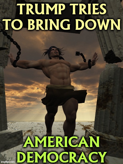 TRUMP TRIES TO BRING DOWN; AMERICAN DEMOCRACY | image tagged in trump,destroy,american,democracy | made w/ Imgflip meme maker