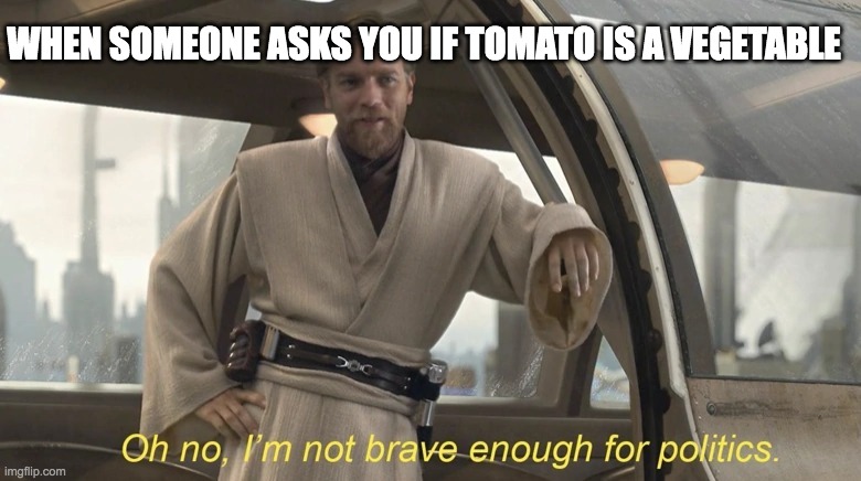 Oh no, I'm not brave enough for politics. | WHEN SOMEONE ASKS YOU IF TOMATO IS A VEGETABLE | image tagged in oh no i'm not brave enough for politics | made w/ Imgflip meme maker