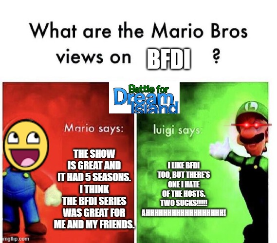BFDI meme | BFDI; THE SHOW IS GREAT AND IT HAD 5 SEASONS. I THINK THE BFDI SERIES WAS GREAT FOR ME AND MY FRIENDS. I LIKE BFDI TOO, BUT THERE'S ONE I HATE OF THE HOSTS. TWO SUCKS!!!!! AHHHHHHHHHHHHHHHHHH! | image tagged in mario bros views | made w/ Imgflip meme maker