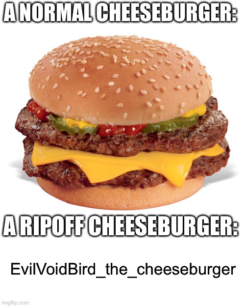 CheeseBurger | A NORMAL CHEESEBURGER: A RIPOFF CHEESEBURGER: EvilVoidBird_the_cheeseburger | image tagged in cheeseburger | made w/ Imgflip meme maker