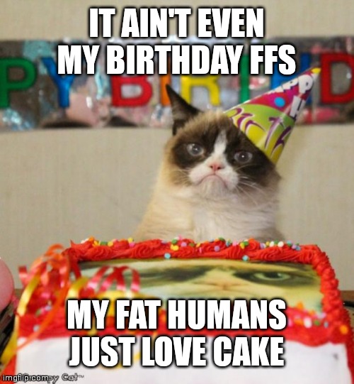 Grumpy Cat Birthday | IT AIN'T EVEN MY BIRTHDAY FFS; MY FAT HUMANS JUST LOVE CAKE | image tagged in memes,grumpy cat birthday,grumpy cat | made w/ Imgflip meme maker