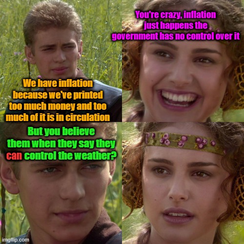Dense | You're crazy, inflation just happens the government has no control over it; We have inflation because we've printed too much money and too much of it is in circulation; But you believe them when they say they can control the weather? can | image tagged in anakin padme 4 panel,inflation,narratives,fake news,maga | made w/ Imgflip meme maker
